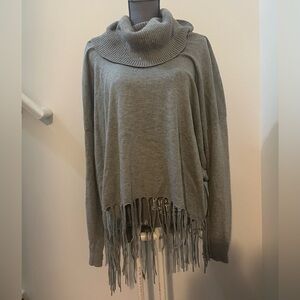 Gray Cowl Neck Sweater with Fringe